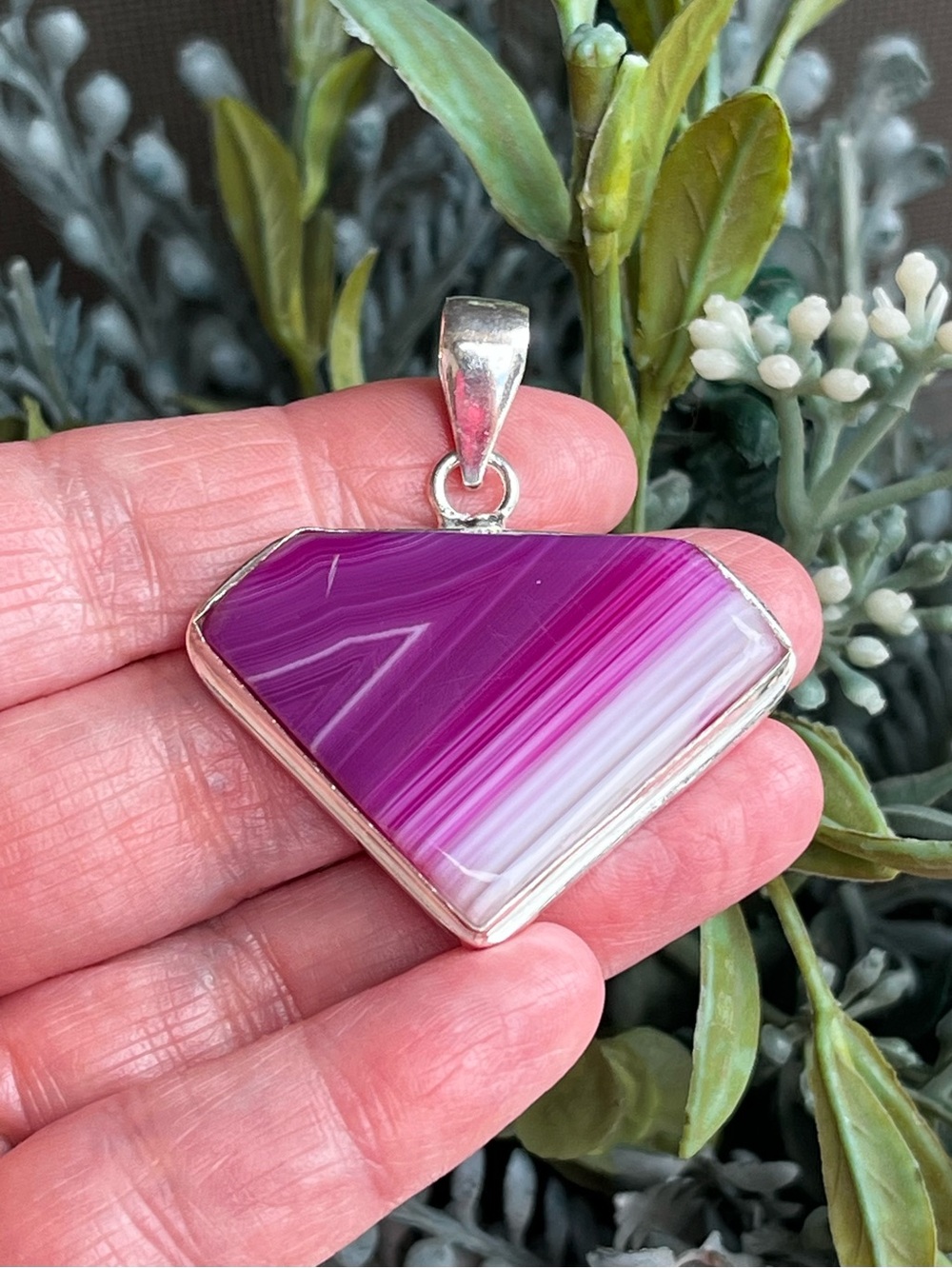 Banded Triangular Pink-Purple Agate 925 Silver 1.88” Pendant